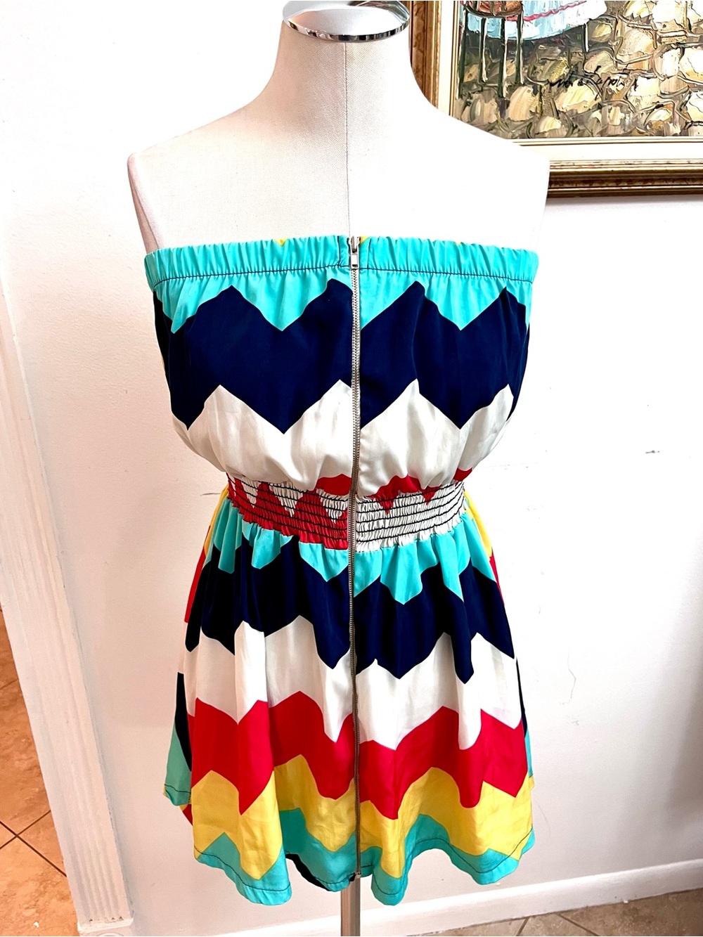 intro. Strapless Chevron Romper in Turquoise, Navy, White, Red & Yellow